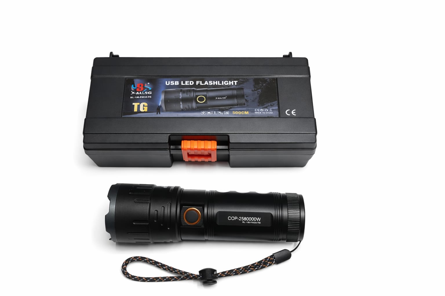 Wiederaufladbare LED-Taschenlampe mit Transportkoffer und Handschlaufe